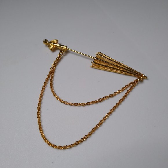 Vintage Closed Umbrella Metal Stickpin Brooch With Chains - Picture 3 of 15